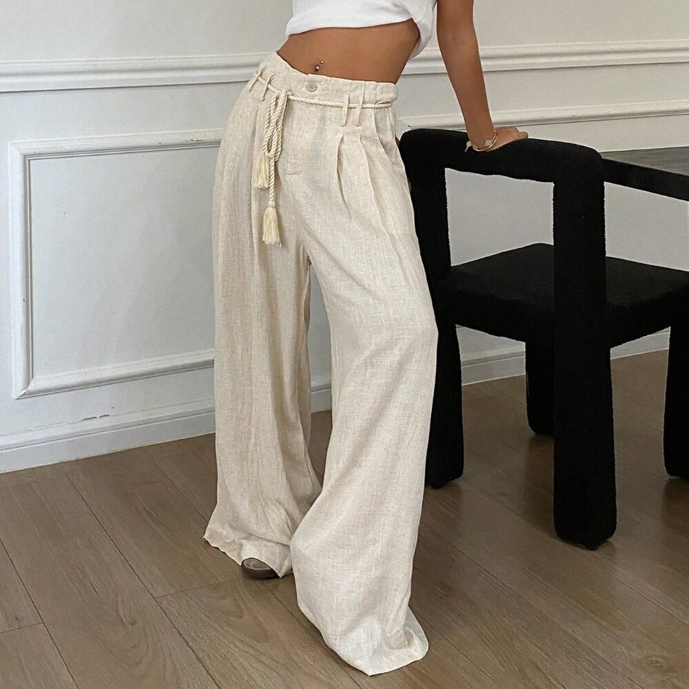 Apricot Casual Women's Pleated Waistband Drawstring Tassel Decor Pants
